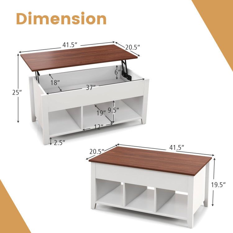 Lift top coffee table with dimensions shown, featuring a white finish and spacious storage for modern living room use.