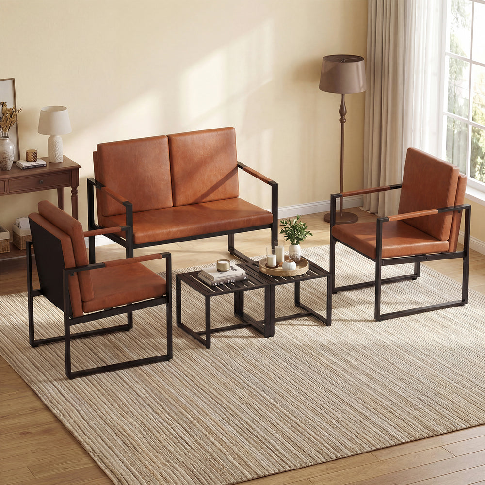 Modern loveseat sofa set featuring a brown PU leather cover and solid metal frame, perfect for small living spaces.