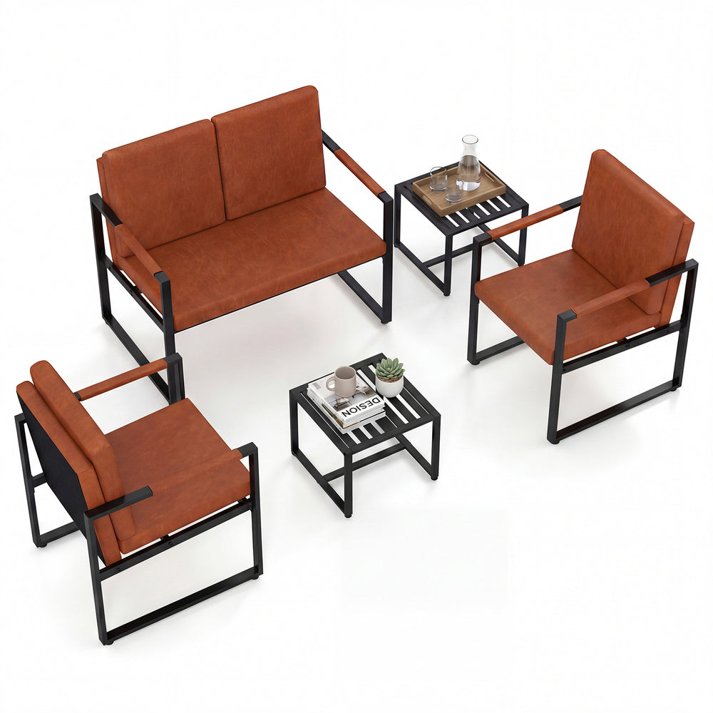 Modern brown loveseat sofa with PU leather cover, resilient cushions, and solid metal frame, perfect for small spaces.