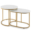 Modern nesting coffee table set of 2 with white MDF tops and gold steel frames, perfect for compact spaces.