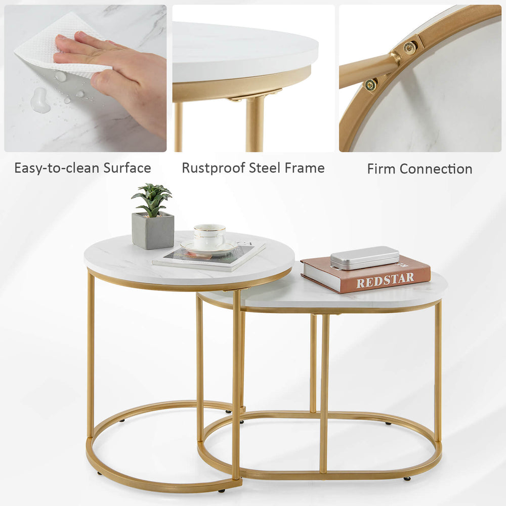 Single nesting coffee table showcasing a white MDF top and gold steel frame, ideal for stylish and space-saving decor.