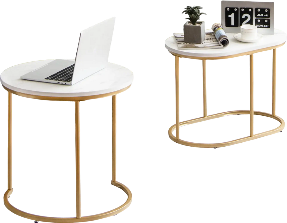Stylish close-up of a single nesting coffee table featuring a white MDF top and gold steel legs, perfect for modern.
