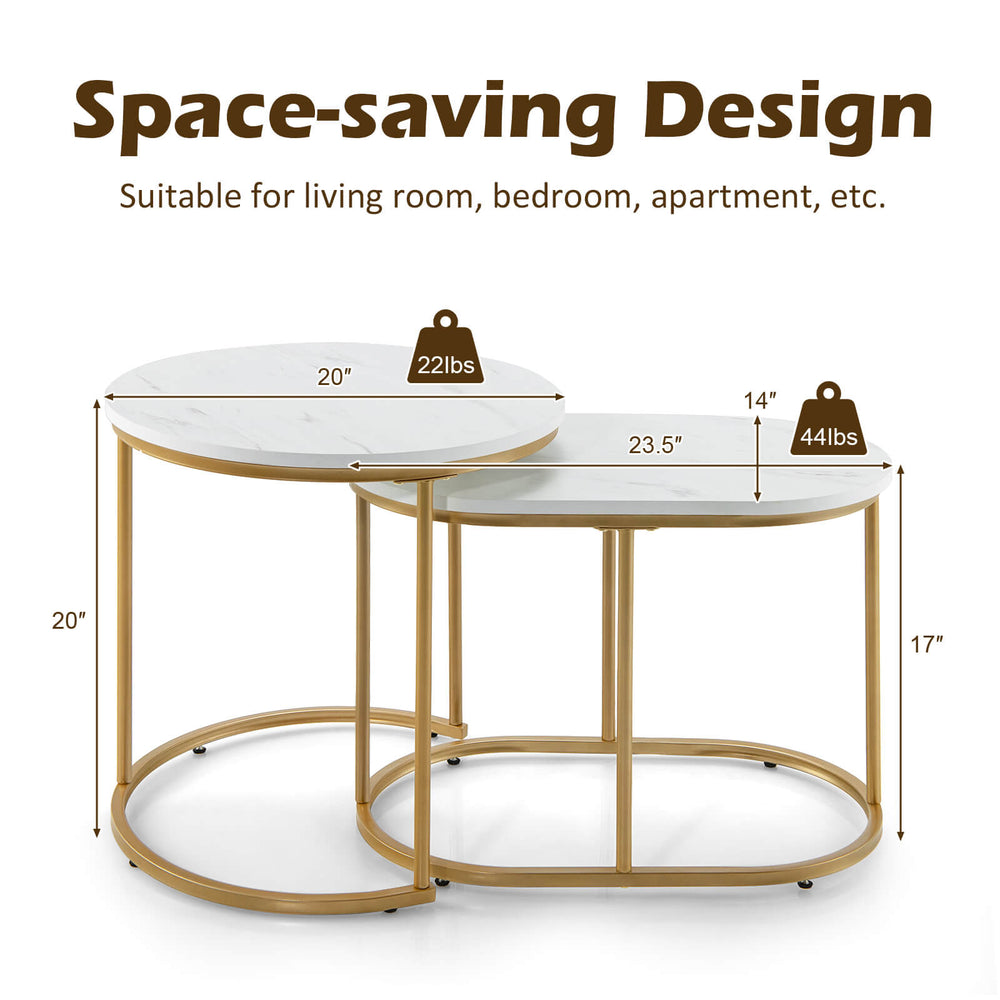 Modern nesting coffee table set of 2 in white with sturdy steel frame, ideal for living room or small apartment.