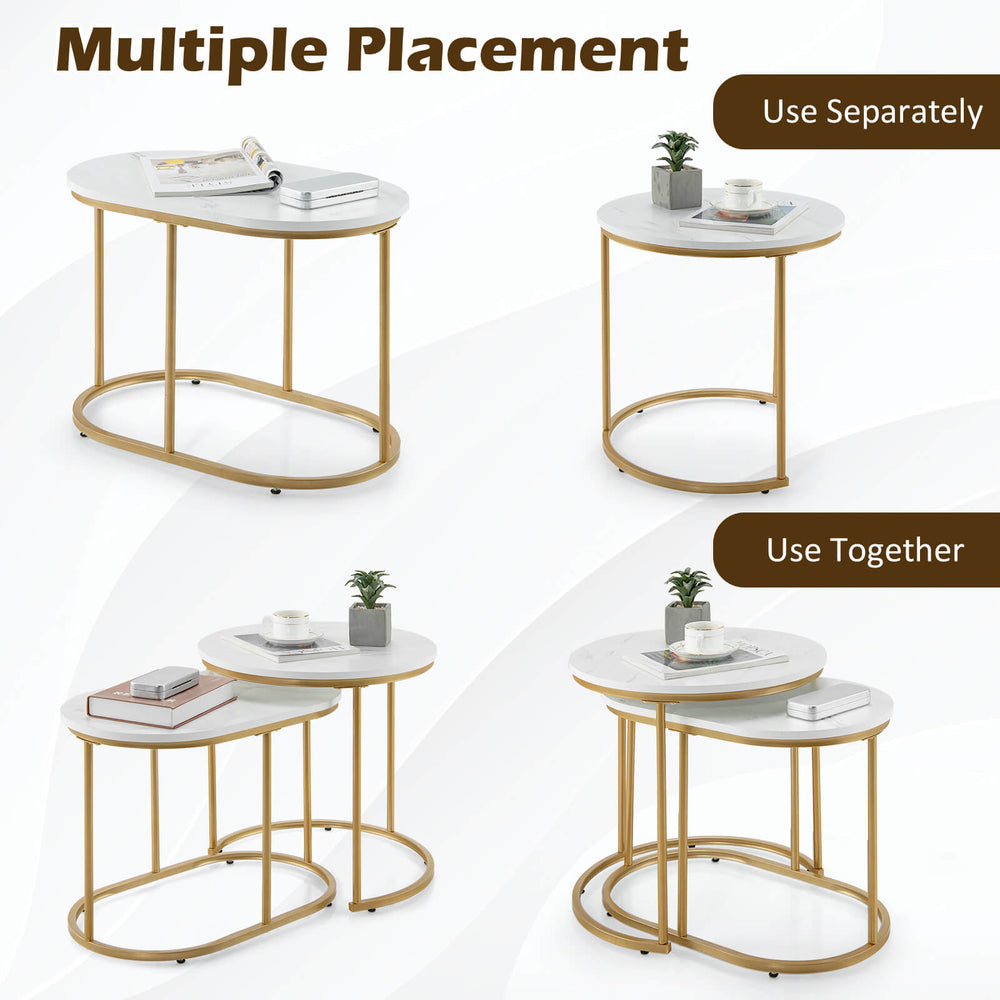 Modern nesting coffee table set of 2 in white with gold frame, perfect for versatile placement in any room.