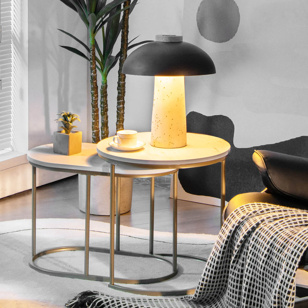 Modern nesting coffee table set of 2 in white with sturdy steel frame, perfect for compact living spaces.