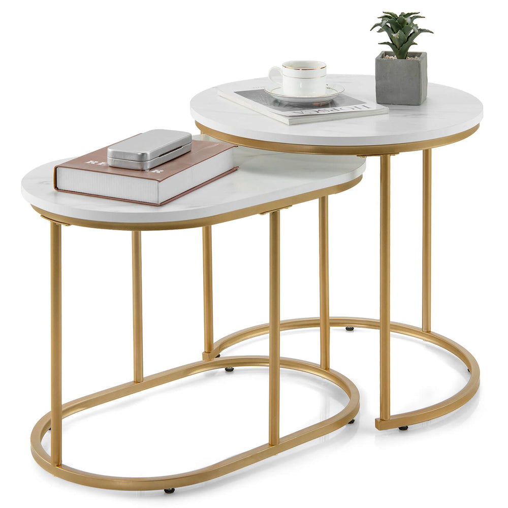Modern nesting coffee table set of 2 with white MDF tops and gold steel frames, perfect for compact living spaces.
