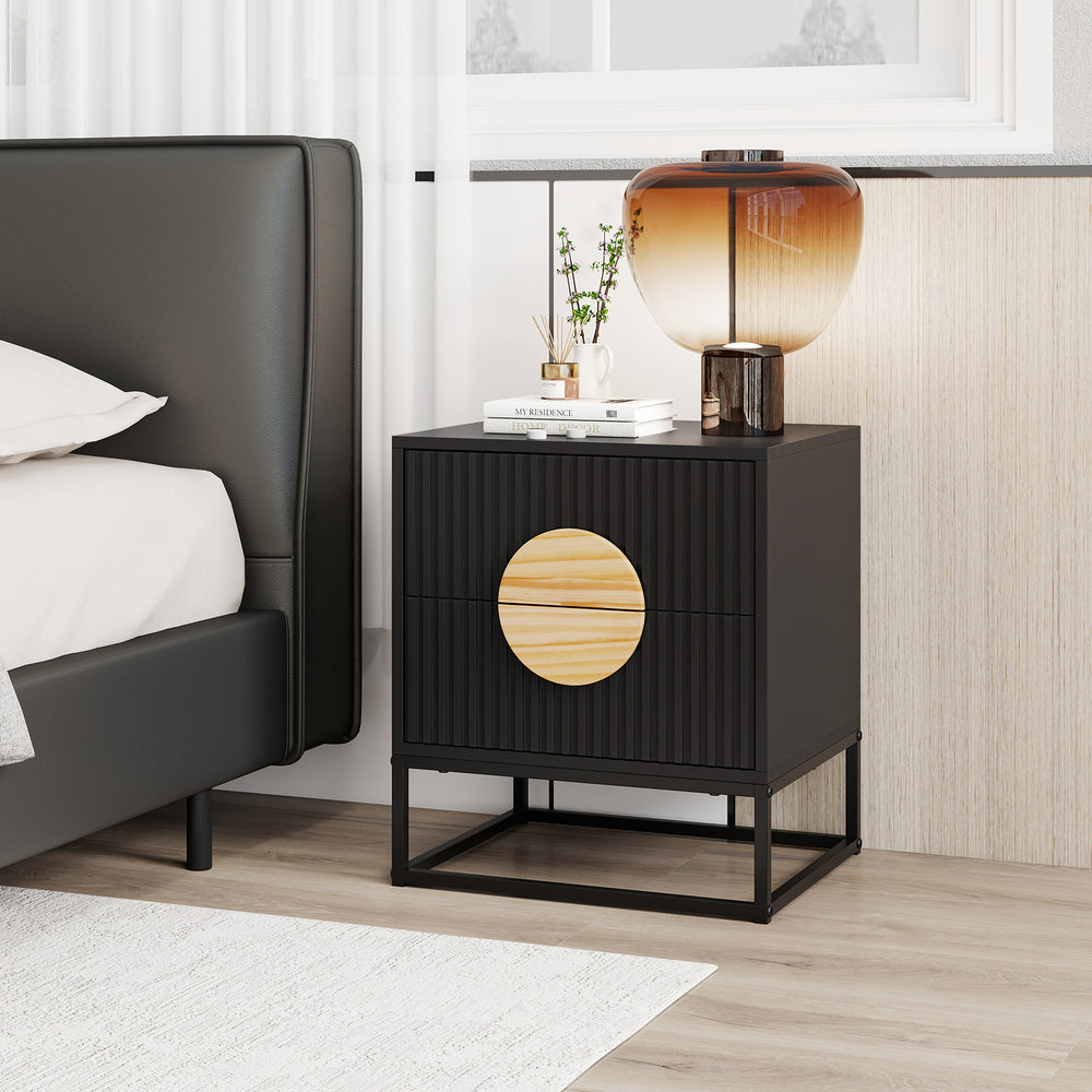 Modern Mid Century Fluted Nightstand with 2 Drawers and Pine Wood Handles for Bedroom-Black - Gallery View 1 of 9