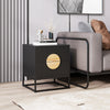 Modern black nightstand featuring fluted design, two drawers, and solid pine wood handles, perfect for bedroom storage.