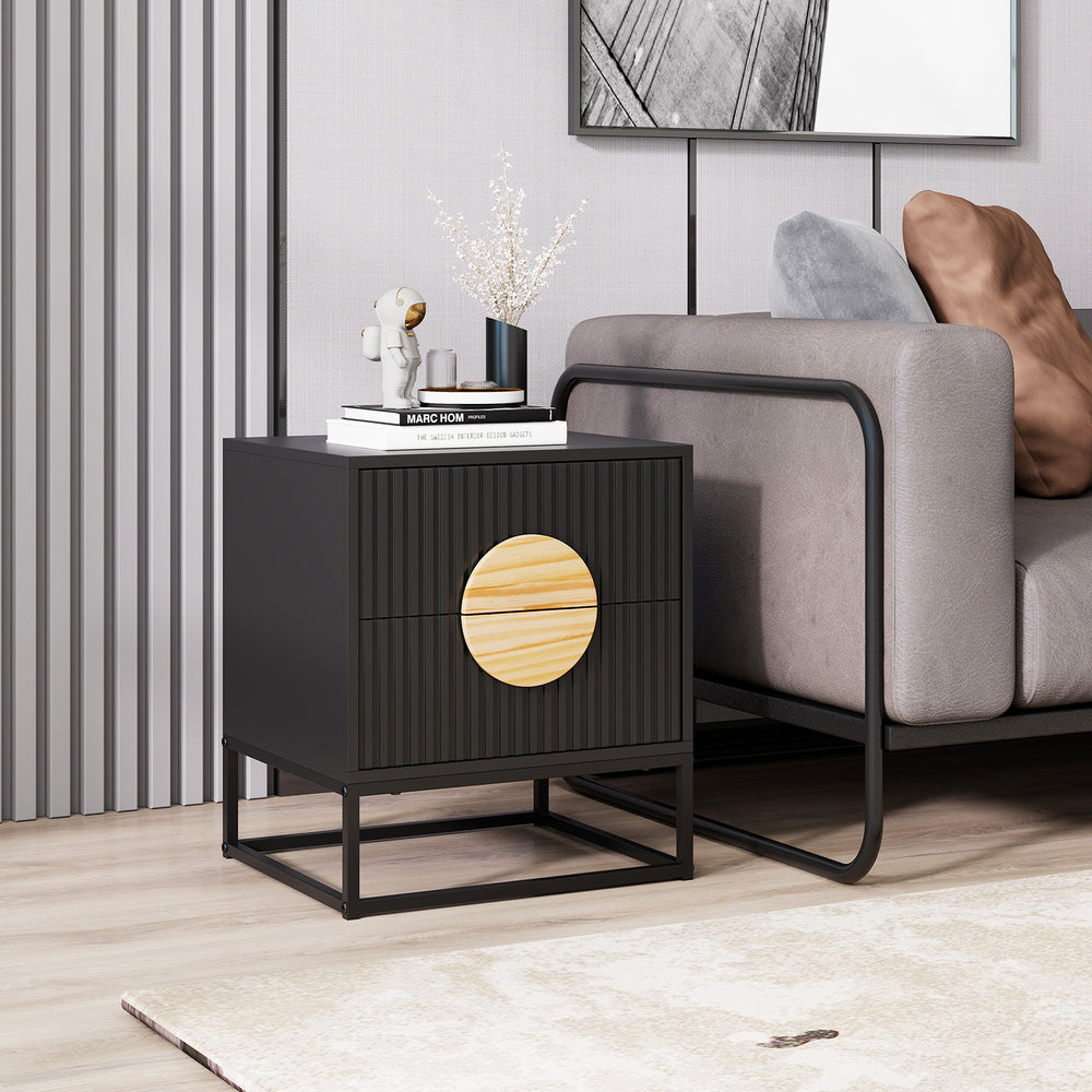Modern black nightstand featuring fluted design, two drawers, and solid pine wood handles, perfect for bedroom storage.