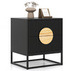 Modern black nightstand with fluted design, two drawers, and pine wood handles for versatile bedroom storage.