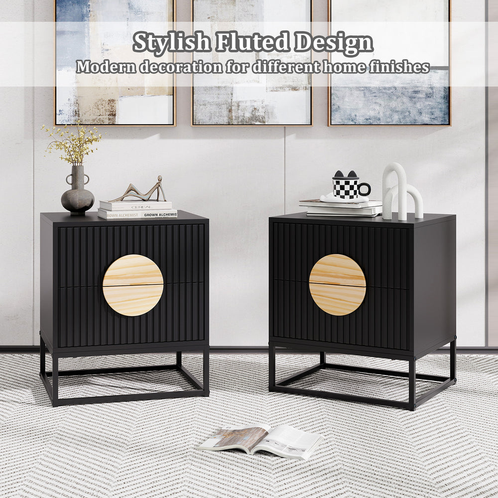 Modern Mid Century fluted nightstand in black with pine wood handles, featuring two drawers for versatile storage.