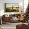 Modern Mid Century TV cabinet in walnut finish, designed for TVs up to 82", featuring ample storage and a robust metal.