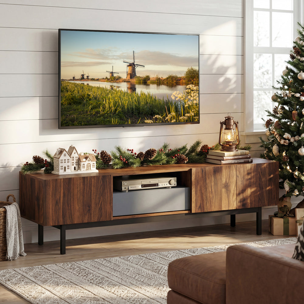 Modern Mid Century TV cabinet in walnut finish, designed for TVs up to 82", featuring ample storage and a robust metal.