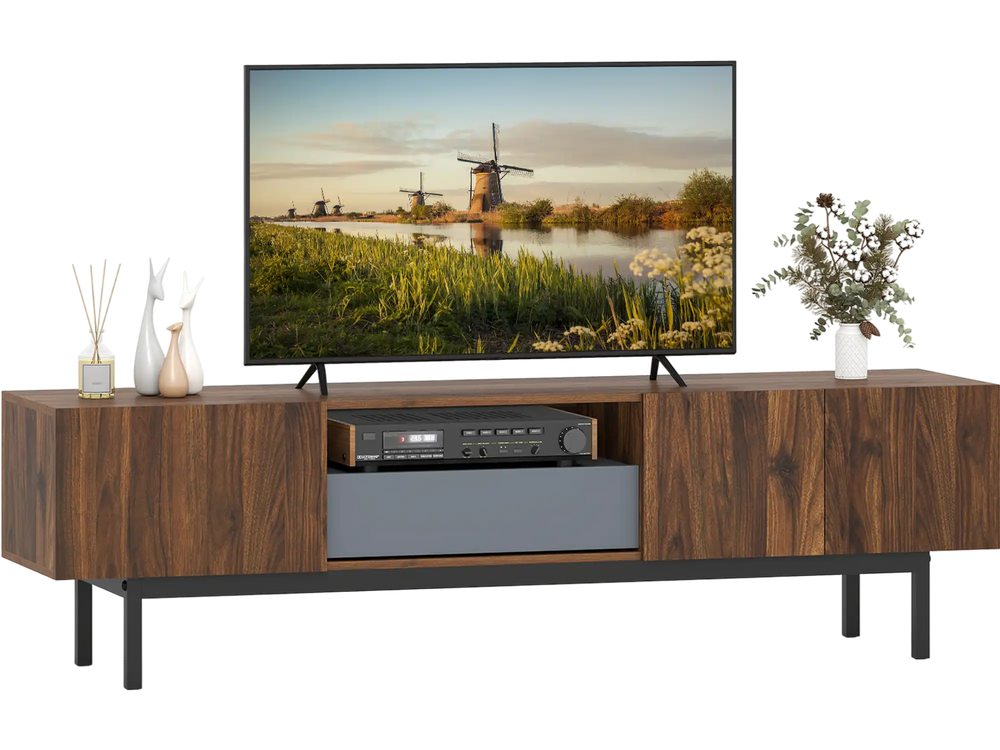 Modern mid-century TV cabinet in walnut finish, designed for TVs up to 82", featuring drawers and ample display space.