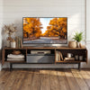 Modern Mid Century TV cabinet in walnut finish, designed for TVs up to 82", featuring open compartments and storage.