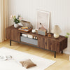 Modern Mid Century TV cabinet in walnut finish, featuring a wide countertop, drawer, and open compartment for TVs up to.