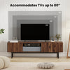 Modern Mid Century TV cabinet in walnut finish, accommodating TVs up to 82", featuring drawers and ample display space.