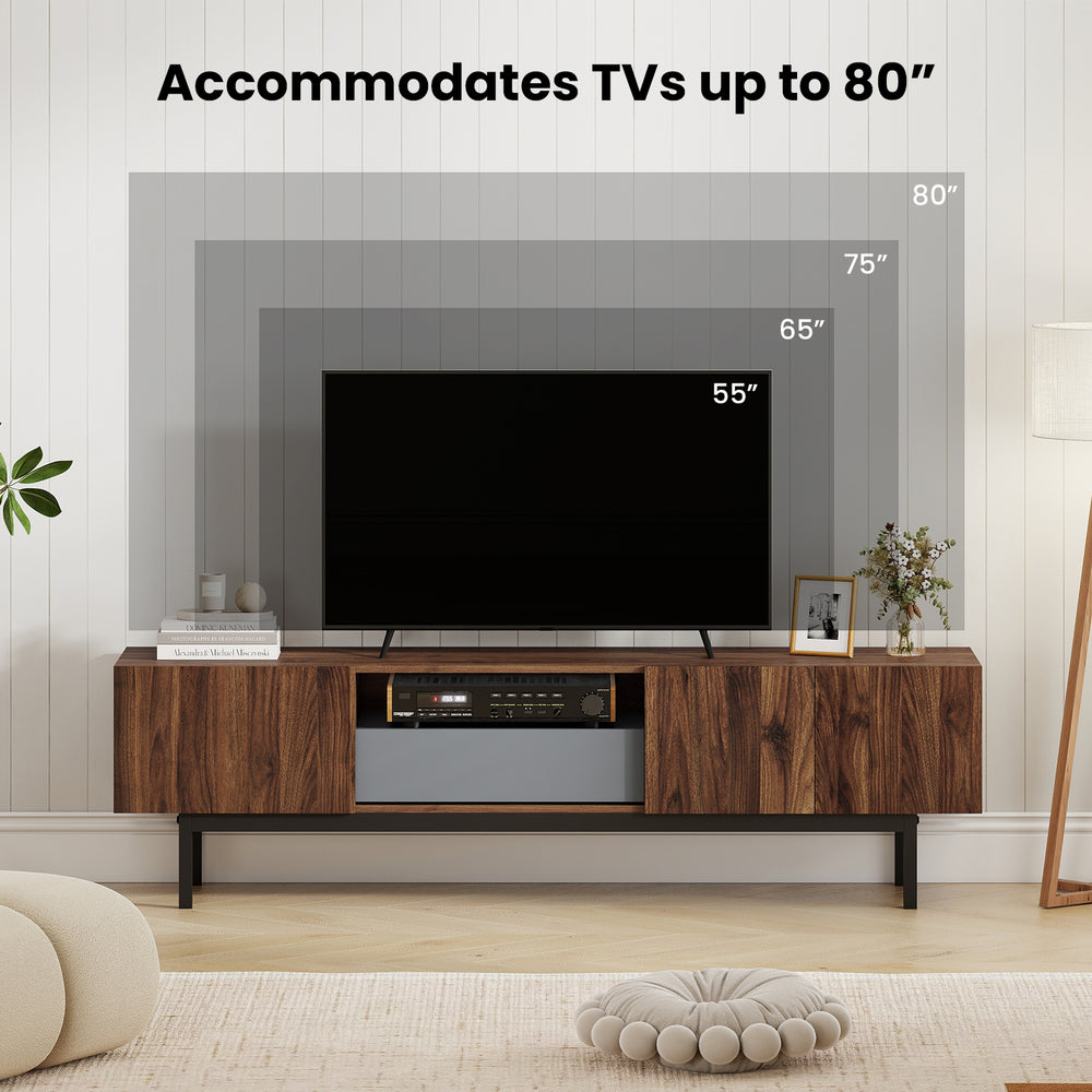 Modern Mid Century TV cabinet in walnut finish, accommodating TVs up to 82", featuring drawers and ample display space.