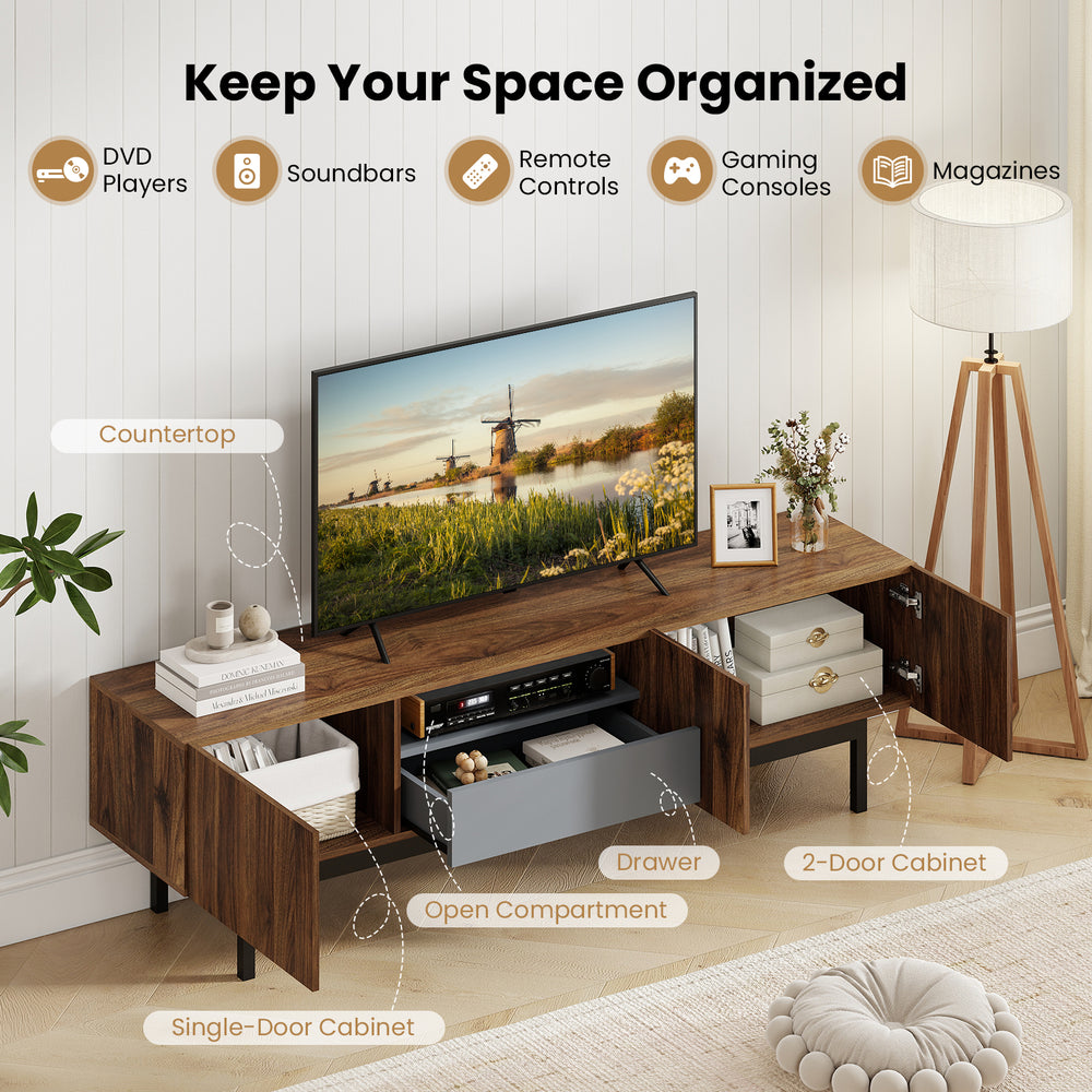Modern Mid Century TV cabinet in walnut finish with open compartment, drawer, and storage cabinets for organized media.