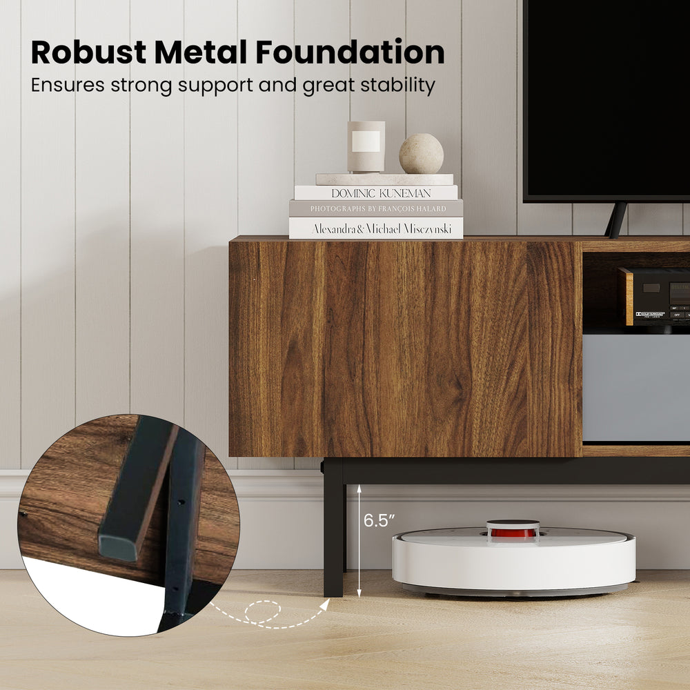 Close-up of the robust metal foundation of the Modern Mid Century TV Cabinet, ensuring strong support and stability.