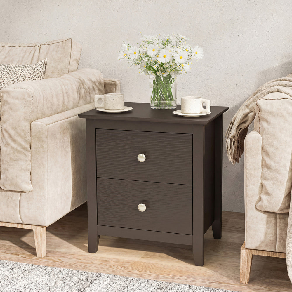 Modern brown nightstand with 2 drawers, featuring a wide tabletop, ideal for small spaces in bedrooms or living rooms.