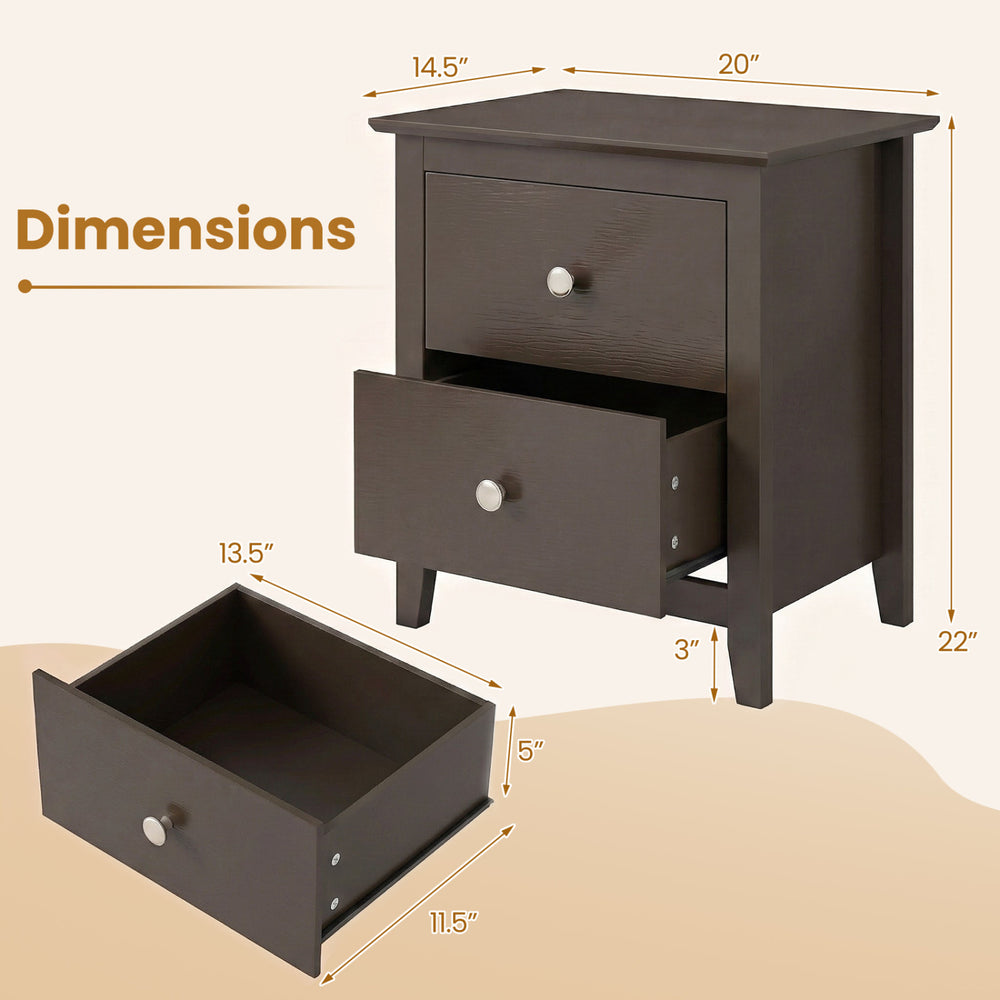 Modern nightstand in brown with two drawers, featuring dimensions for small spaces and a stylish design for versatile.