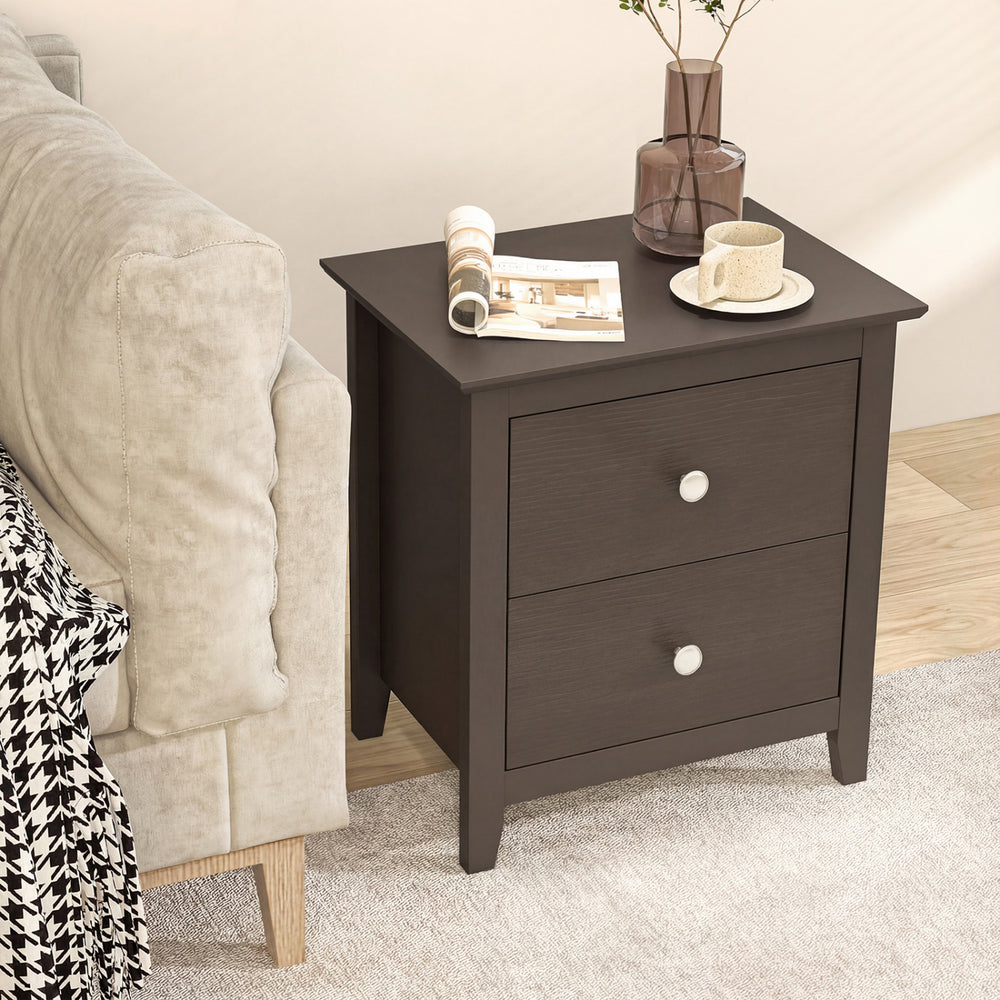 Modern brown nightstand with two drawers, featuring a wide tabletop and elegant design, perfect for small spaces.