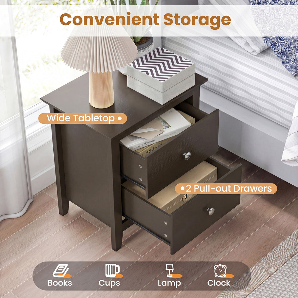 Modern nightstand in brown with wide tabletop and 2 pull-out drawers for convenient storage in small spaces.