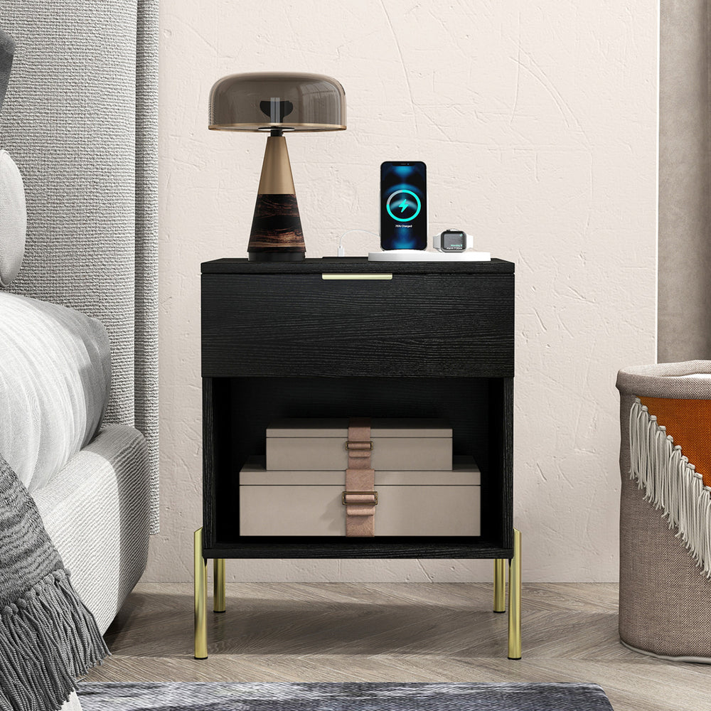 Modern Nightstand with Charging Station-Black - Gallery View 1 of 10