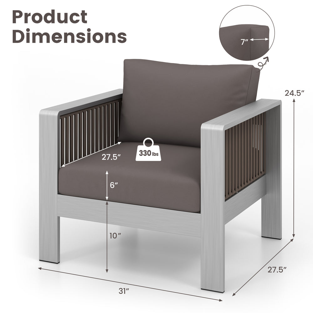 Aluminum armchair with thick cushions, 31" wide, 27.5" deep, ideal for outdoor relaxation and easy maintenance.
