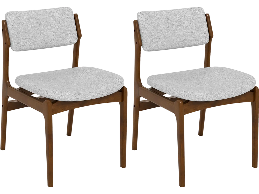 Set of 2 modern padded dining chairs with rubber wood legs, featuring grey linen fabric for comfort and style.