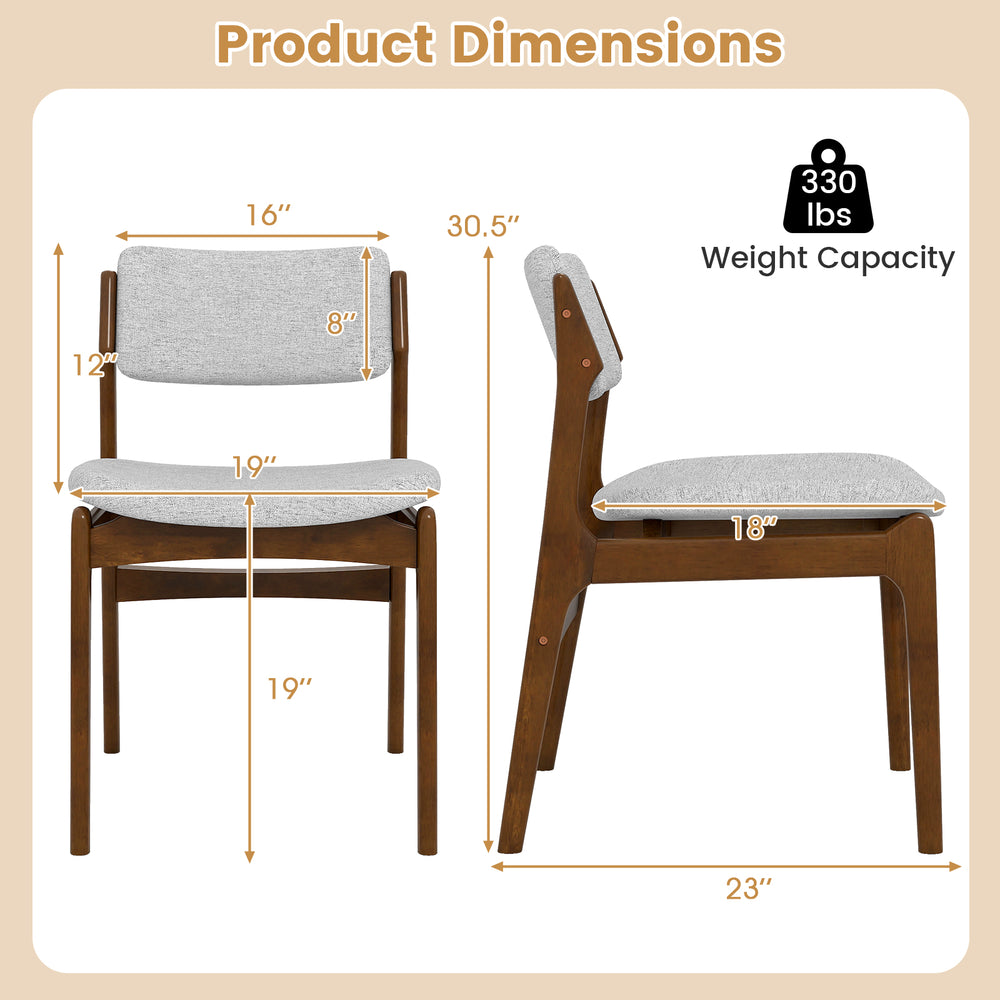Modern padded dining chair dimensions with rubber wood legs, featuring a weight capacity of 330 lbs for versatile use.