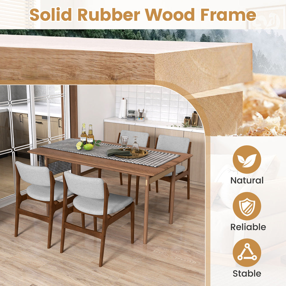Modern padded dining chairs with solid rubber wood legs, featuring a stylish farmhouse design for dining or living.