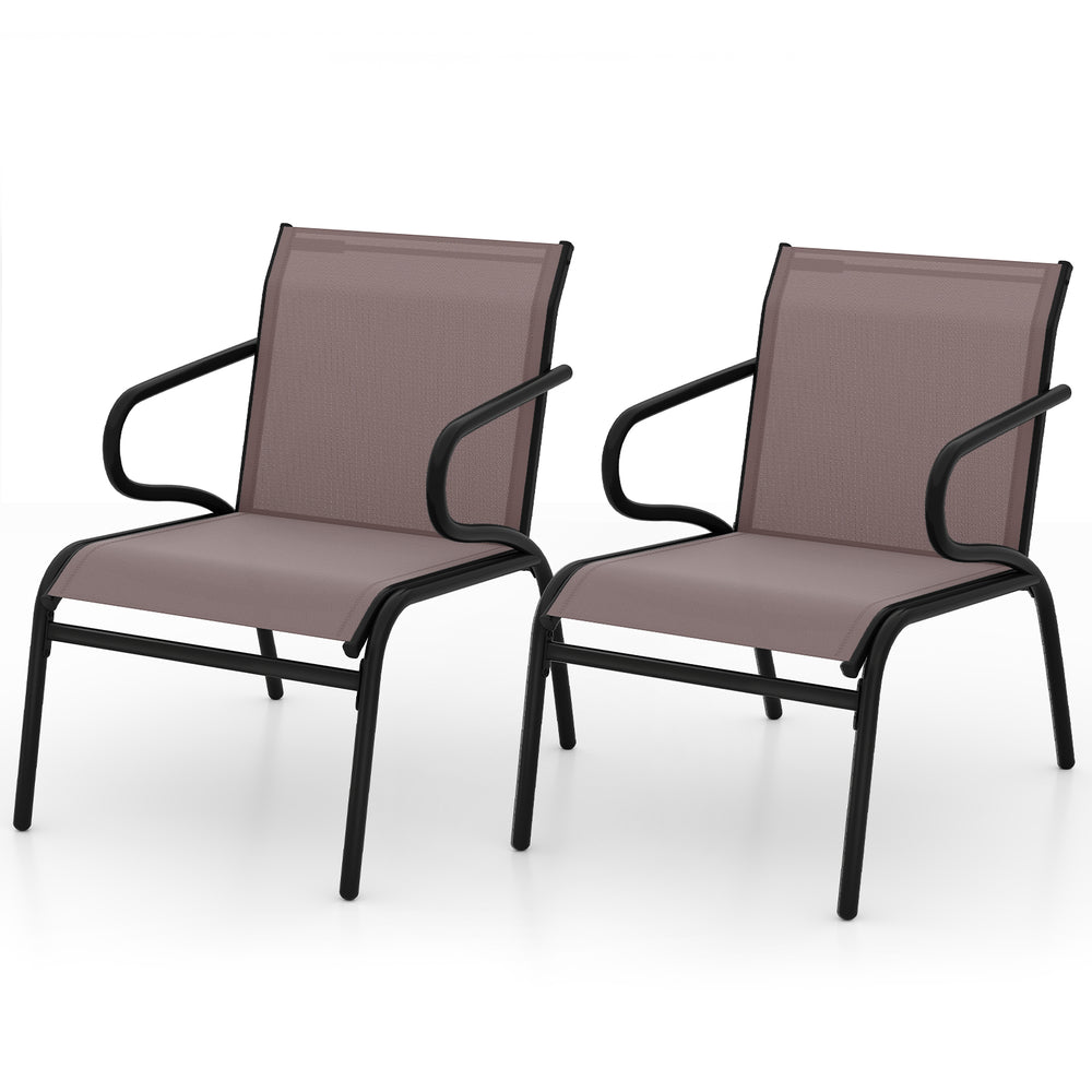 Set of 2 modern patio chairs with breathable fabric and ergonomic design, perfect for outdoor relaxation.