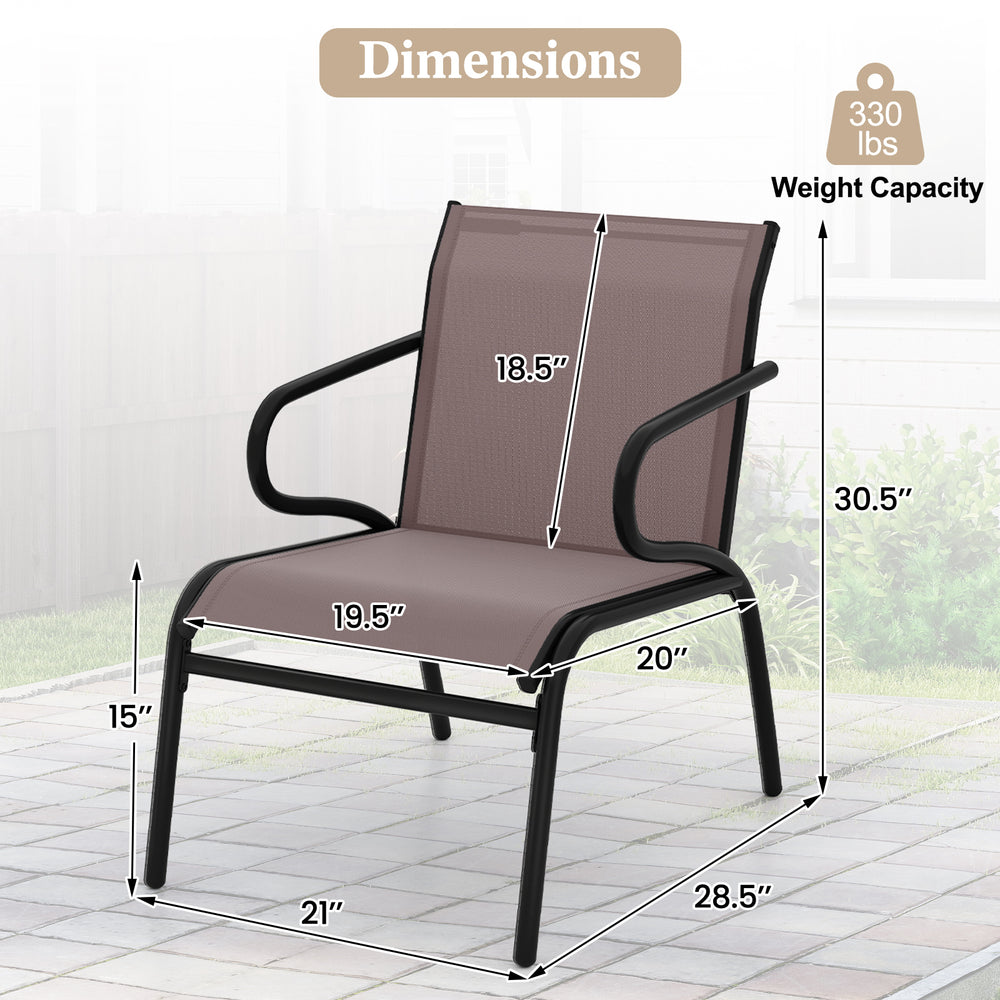 Modern patio chair with breathable fabric, ergonomic design, and heavy-duty metal frame, suitable for outdoor.