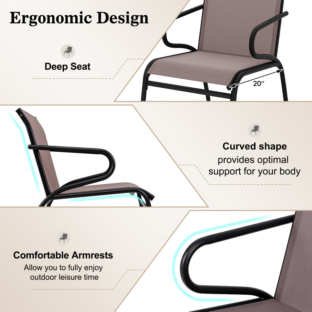Ergonomic patio chair detail showcasing deep seat, curved armrests, and breathable fabric for outdoor comfort.