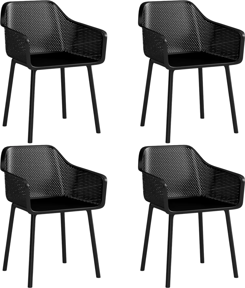 Set of 4 modern black plastic dining chairs with breathable mesh backrest for stylish kitchen seating.