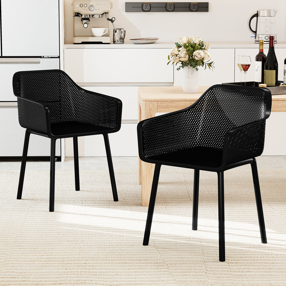Set of two black modern plastic dining chairs with breathable mesh backrest, perfect for kitchen or dining room use.