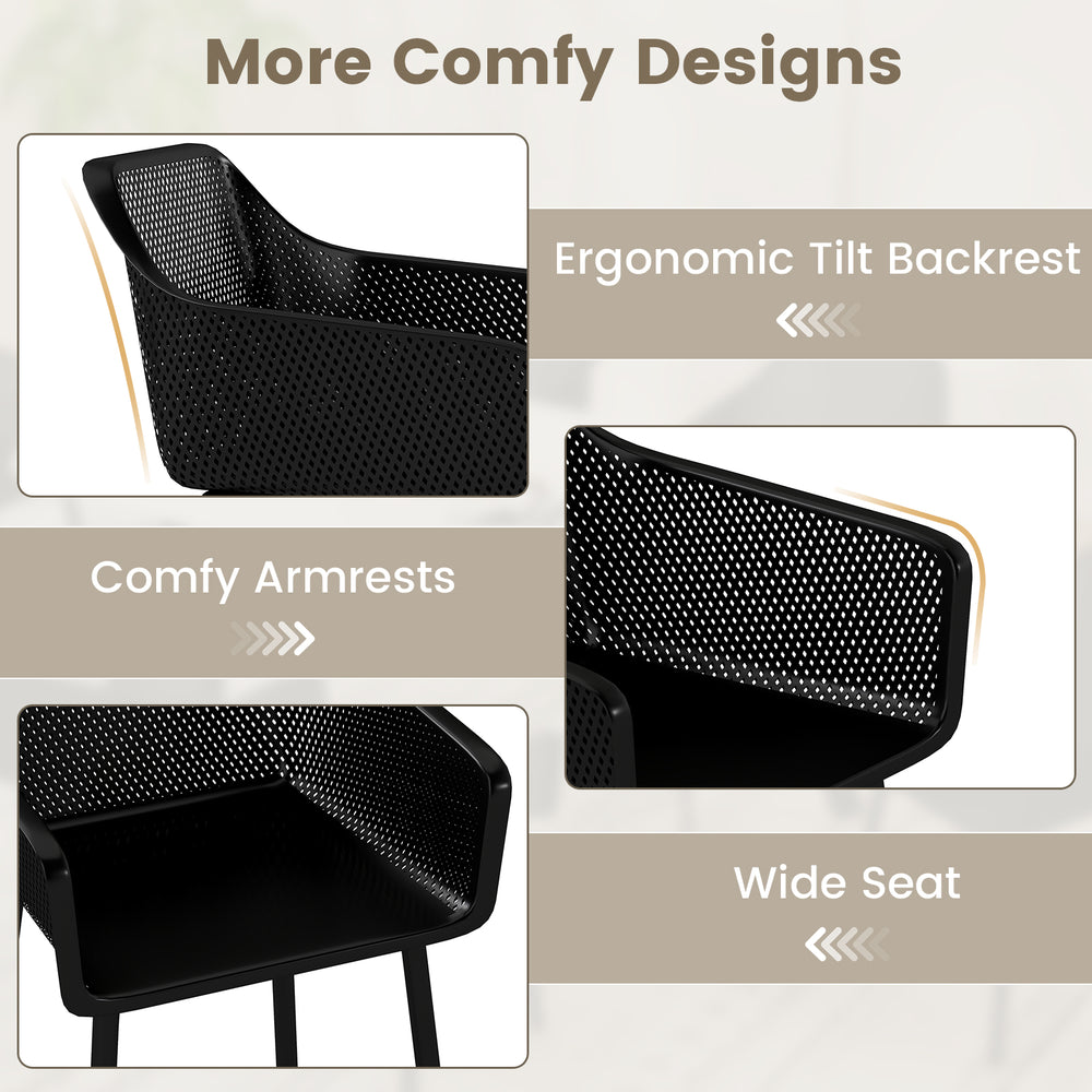 Black modern dining chair with breathable mesh backrest, ergonomic tilt, and comfy armrests for ultimate comfort.