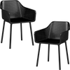 Set of 2 black modern plastic dining chairs with breathable mesh backrest for comfortable kitchen seating.