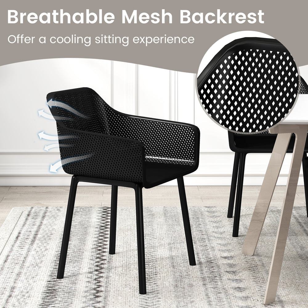 Black modern dining chair with breathable mesh backrest for a cool sitting experience, perfect for kitchen or dining.