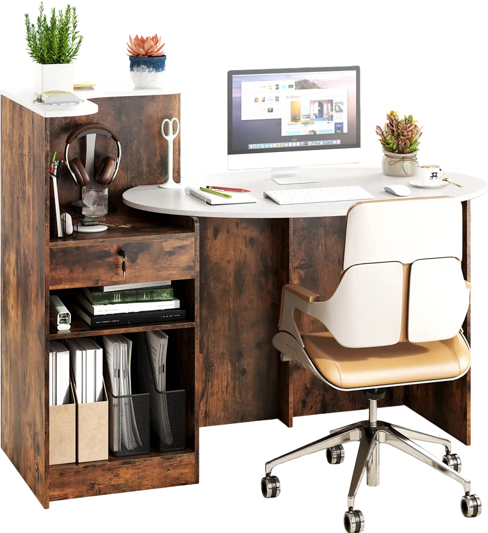 Modern reception desk with oval tabletop in rustic brown, featuring adjustable shelves and lockable storage drawer.