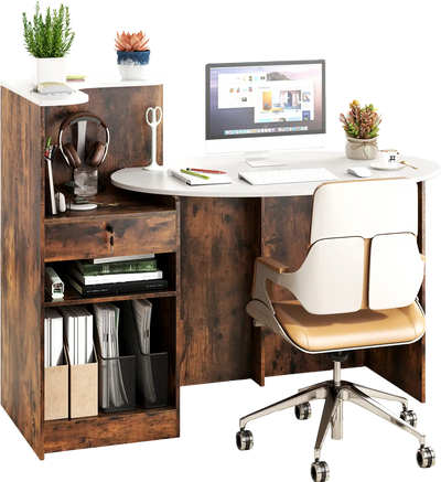 Costway Modern Reception Front Counter Desk Oval Tabletop Rustic Brown 865241973 New