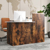 Modern reception desk in rustic brown with an oval tabletop, featuring a lockable drawer and adjustable shelves for.