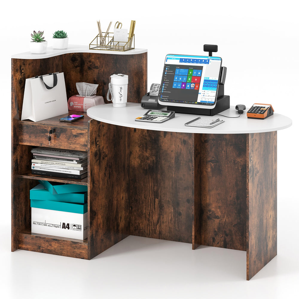 Modern reception desk in rustic brown with oval tabletop, corner shelf, and lockable storage drawer for versatile use.