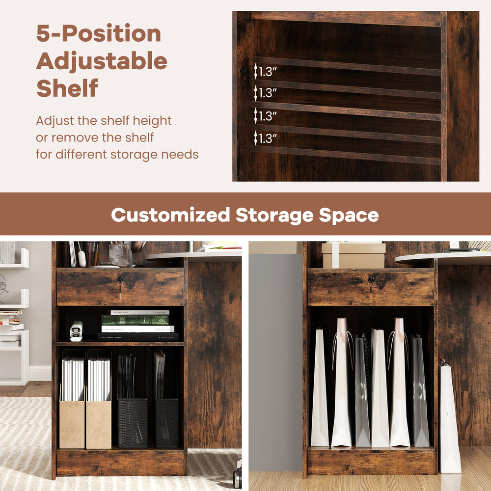Adjustable shelf of the Modern Reception Desk in rustic brown, offering customized storage solutions for versatile use.