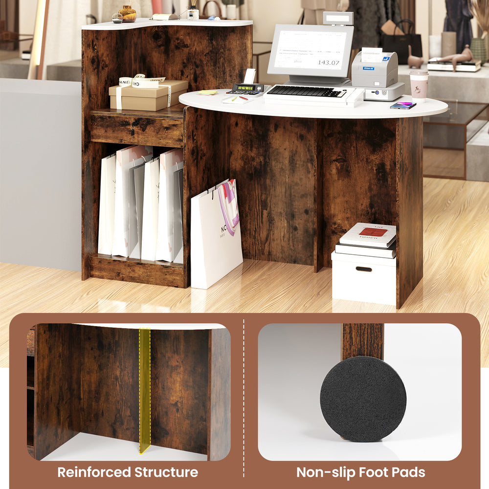 Single modern reception desk in rustic brown with reinforced structure, featuring non-slip foot pads for stability.