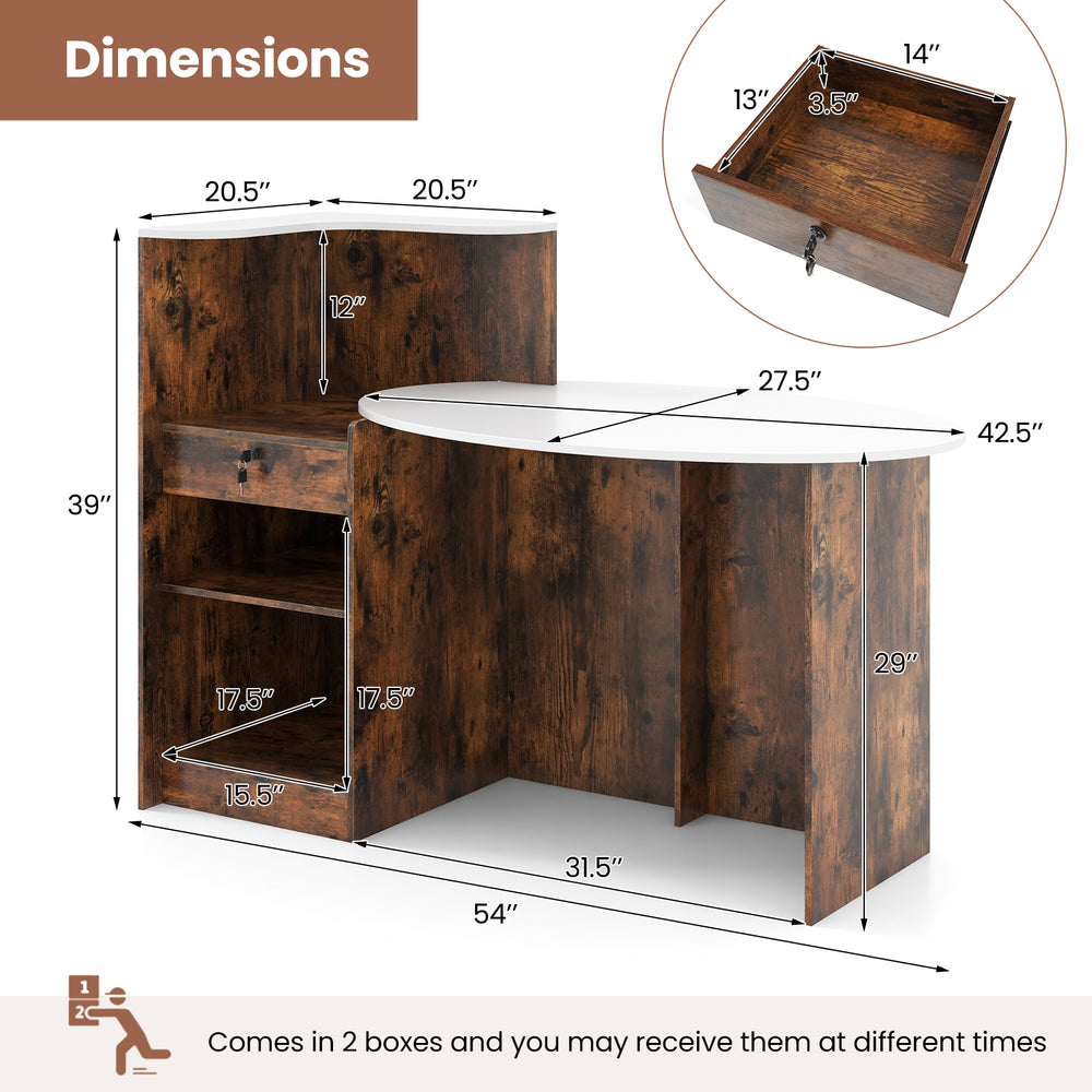 Dimensions of the Modern Reception Desk with oval tabletop, rustic brown finish, and adjustable shelf for versatile.