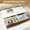 Modern rectangle coffee table with white and wood color blocking, featuring 2 shelves and 2 drawers for versatile.