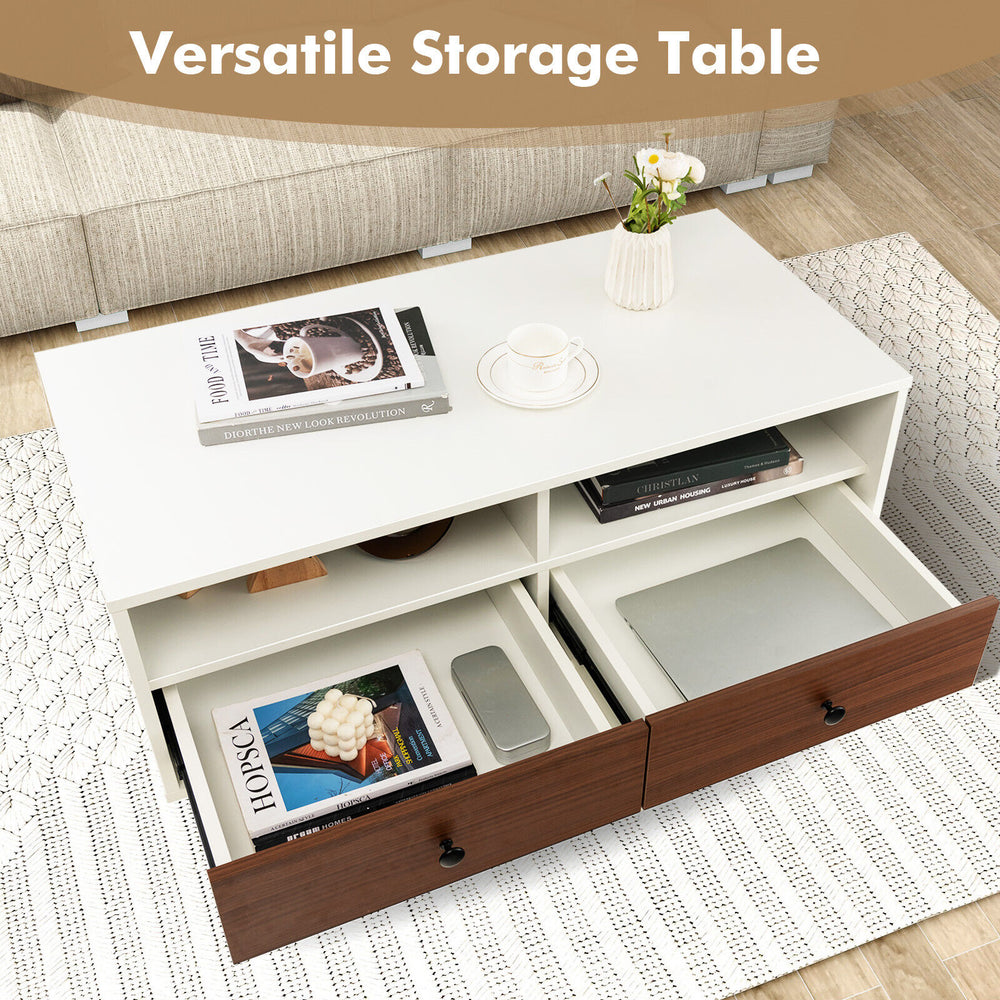 Modern rectangle coffee table with white and wood color blocking, featuring 2 shelves and 2 drawers for versatile.